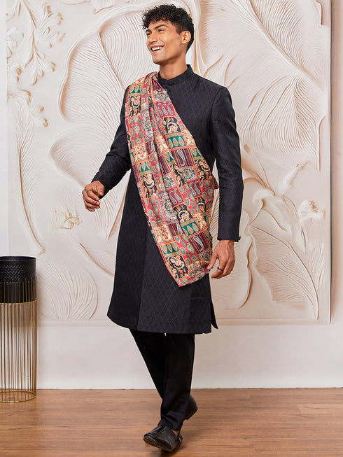 Men's Black Silk Blend Sherwani Pant And Dupatta Set